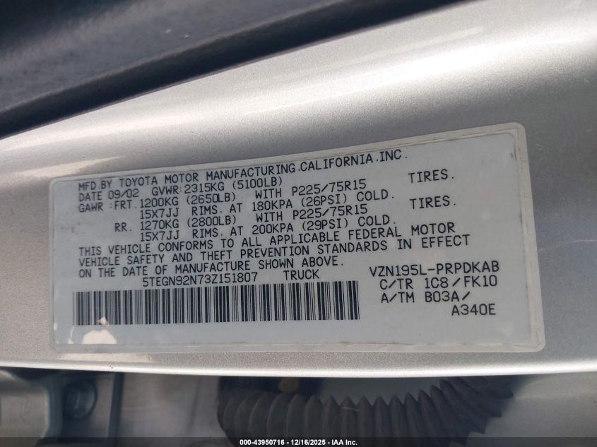 2003 Toyota Tacoma Prerunner V6 VIN: 5TEGN92N73Z151807 Lot: 43950716