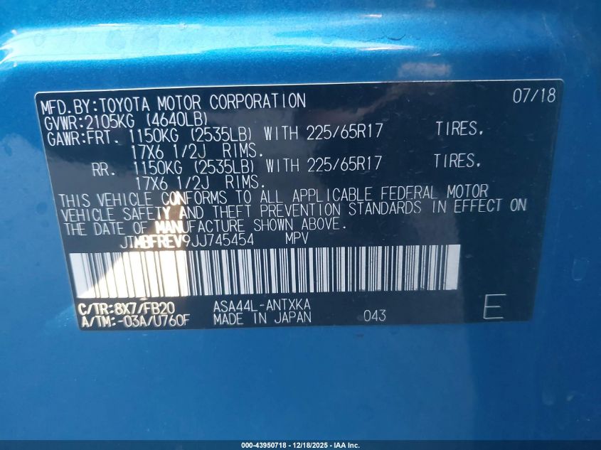 2018 Toyota Rav4 Le VIN: JTMBFREV9JJ745454 Lot: 43950718