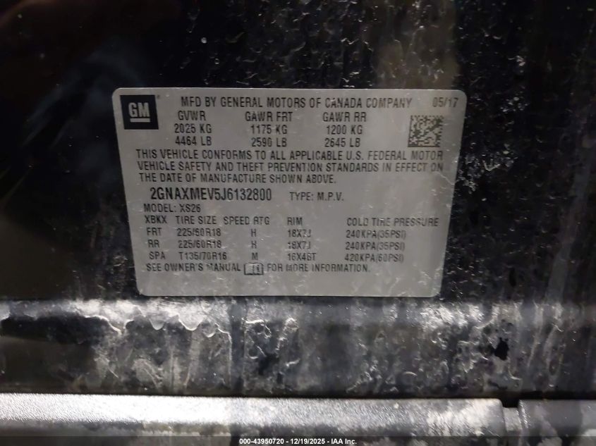 2018 Chevrolet Equinox Premier VIN: 2GNAXMEV5J6132800 Lot: 43950720