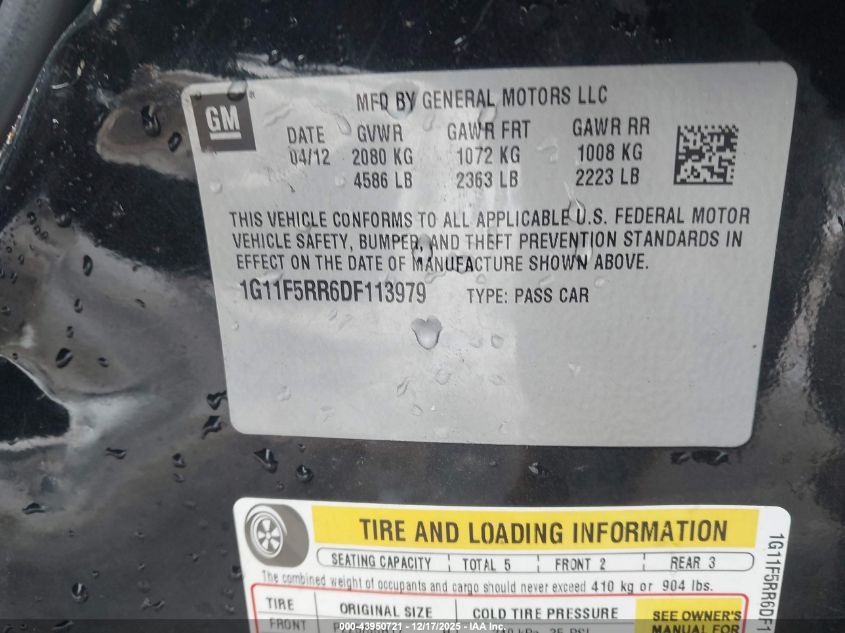 2013 Chevrolet Malibu Eco Premium Audio VIN: 1G11F5RR6DF113979 Lot: 43950721