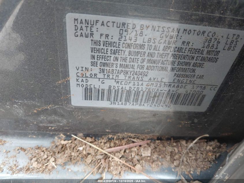 2019 Nissan Sentra Sv VIN: 3N1AB7AP8KY240492 Lot: 43950724