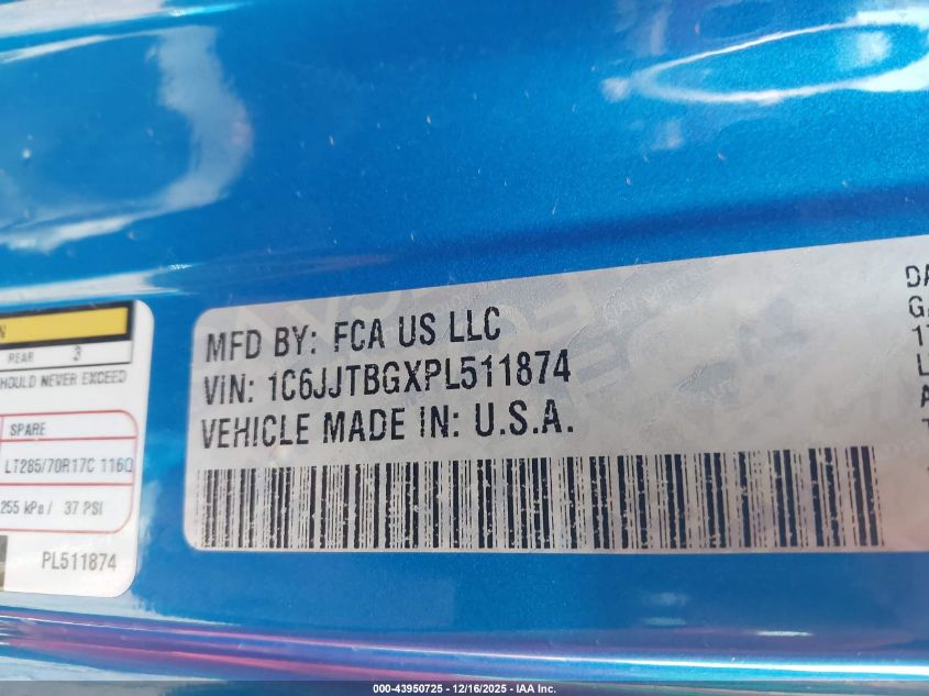 2023 Jeep Gladiator Rubicon 4X4 VIN: 1C6JJTBGXPL511874 Lot: 43950725