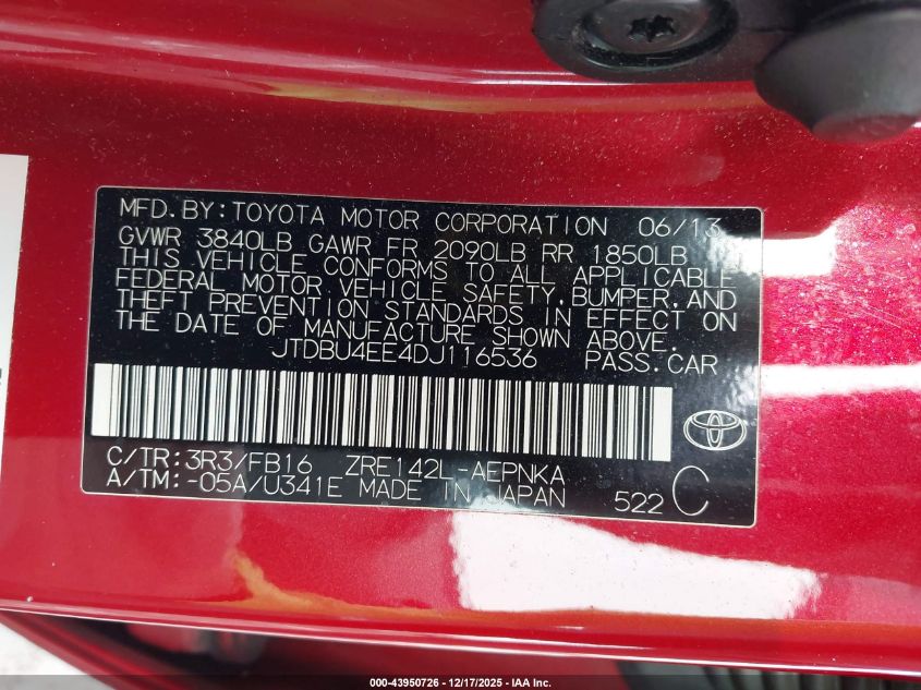 2013 Toyota Corolla Le VIN: JTDBU4EE4DJ116536 Lot: 43950726