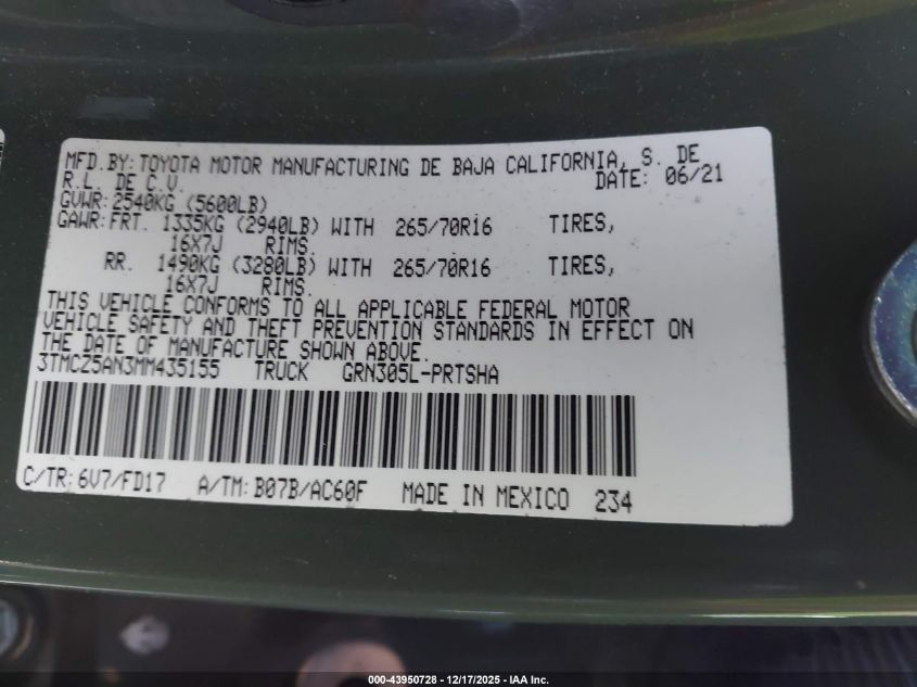 2021 Toyota Tacoma Trd Off-Road VIN: 3TMCZ5AN3MM435155 Lot: 43950728