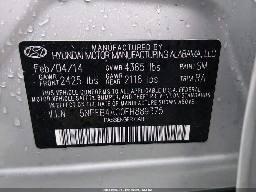 2014 Hyundai Sonata Gls VIN: 5NPEB4AC0EH889375 Lot: 43950731