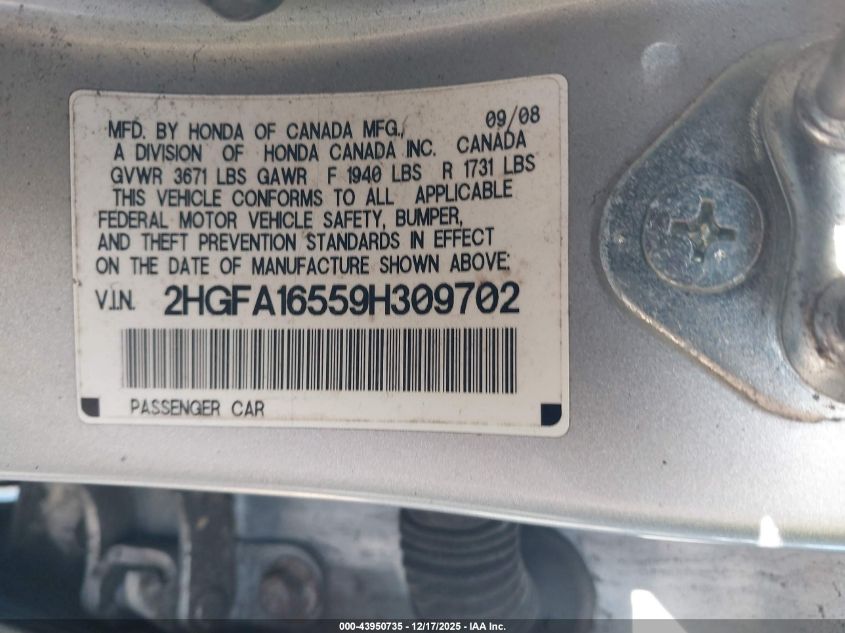 2009 Honda Civic Lx VIN: 2HGFA16559H309702 Lot: 43950735