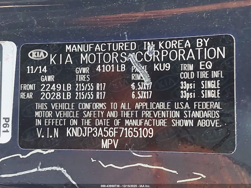 2015 Kia Soul + VIN: KNDJP3A56F7165109 Lot: 43950736