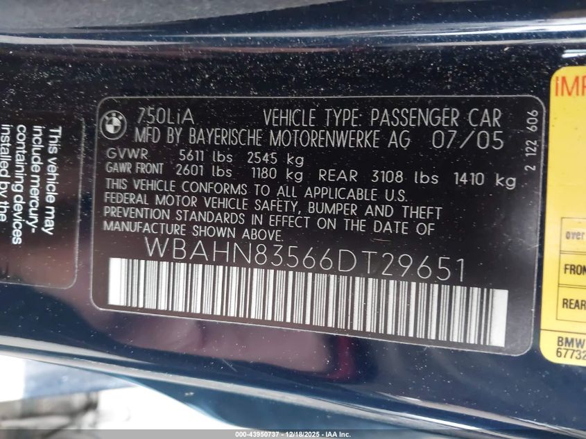 2006 BMW 750Li VIN: WBAHN83566DT29651 Lot: 43950737