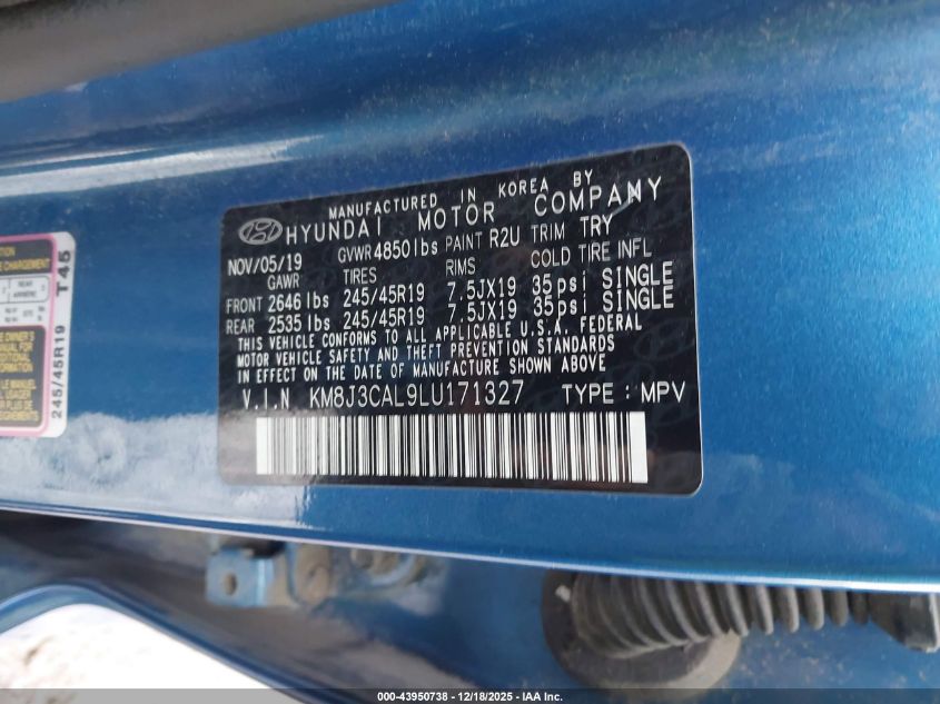 2020 Hyundai Tucson Sport VIN: KM8J3CAL9LU171327 Lot: 43950738