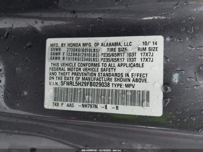 2015 Honda Odyssey Lx VIN: 5FNRL5H29FB029038 Lot: 43950740