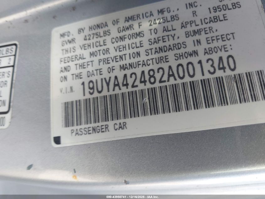 2002 Acura Cl 3.2 VIN: 19UYA42482A001340 Lot: 43950741