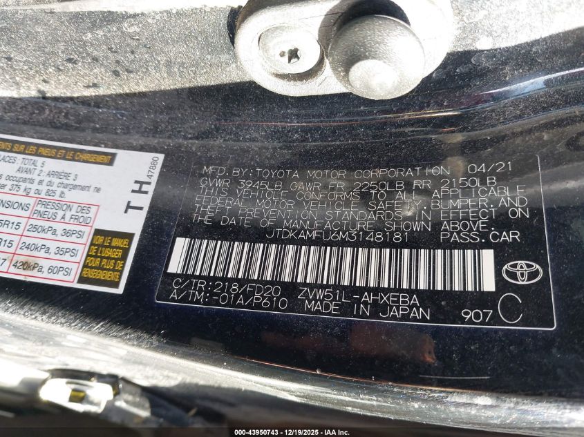 2021 Toyota Prius Le VIN: JTDKAMFU6M3148181 Lot: 43950743