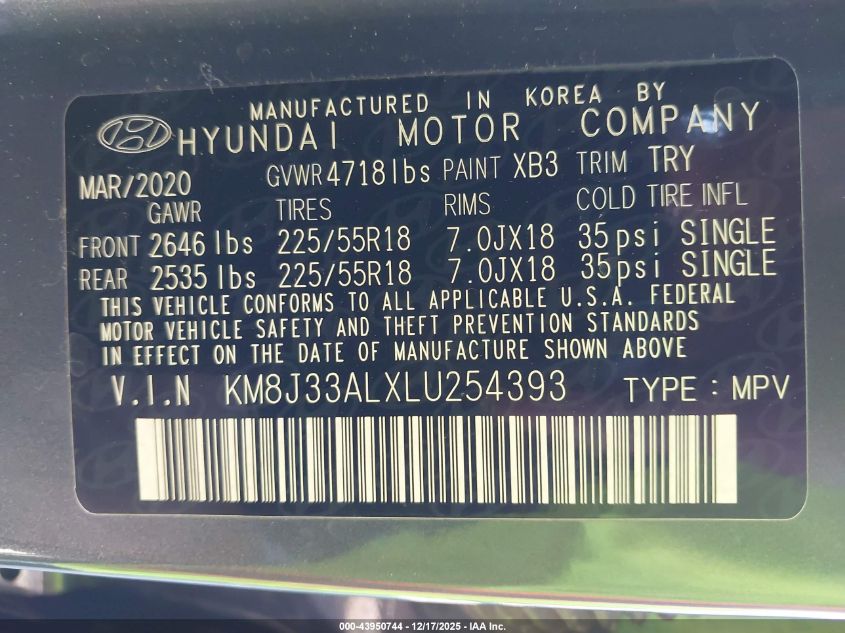 2020 Hyundai Tucson Ultimate VIN: KM8J33ALXLU254393 Lot: 43950744