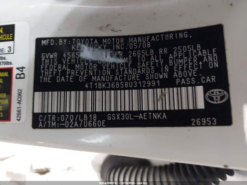 2008 Toyota Avalon Touring VIN: 4T1BK36B58U312991 Lot: 43950747