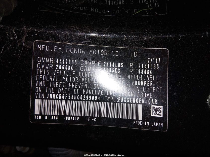 2017 Honda Accord Hybrid Ex-L VIN: JHMCR6F58HC029909 Lot: 43950749