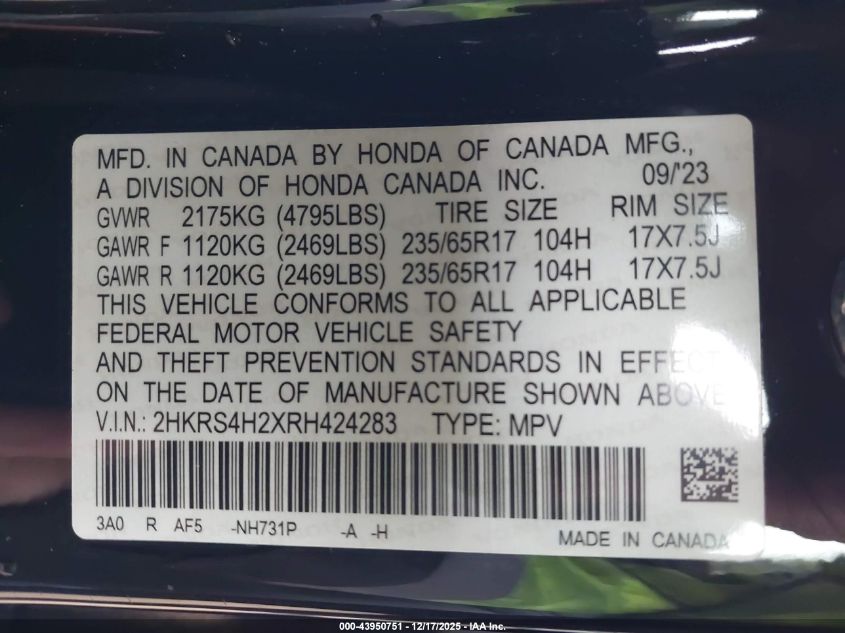 2024 Honda Cr-V Lx Awd VIN: 2HKRS4H2XRH424283 Lot: 43950751