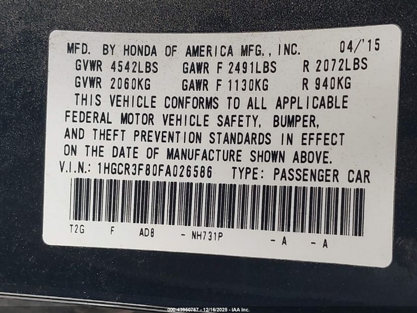 2015 Honda Accord Ex-L V-6 VIN: 1HGCR3F80FA026586 Lot: 43950767