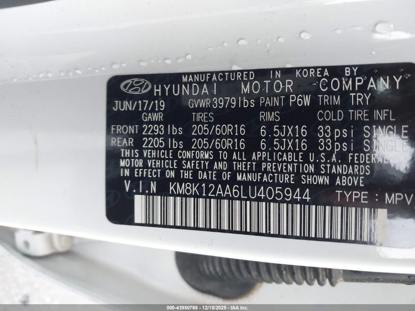 2020 Hyundai Kona Se VIN: KM8K12AA6LU405944 Lot: 43950768