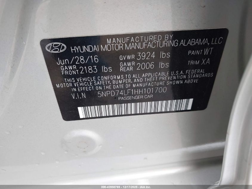 2017 Hyundai Elantra Se VIN: 5NPD74LF1HH101700 Lot: 43950769