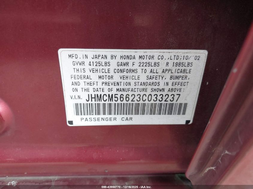 2003 Honda Accord 2.4 Ex VIN: JHMCM56623C033237 Lot: 43950770