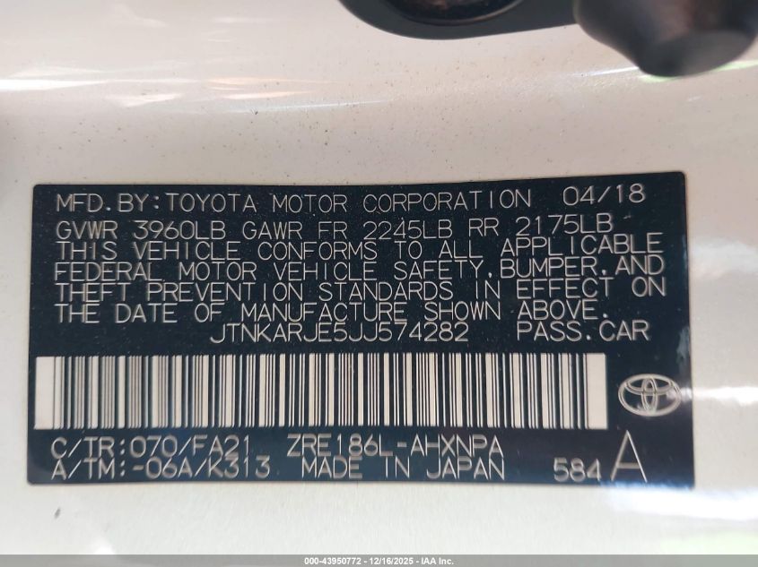2018 Toyota Corolla Im VIN: JTNKARJE5JJ574282 Lot: 43950772