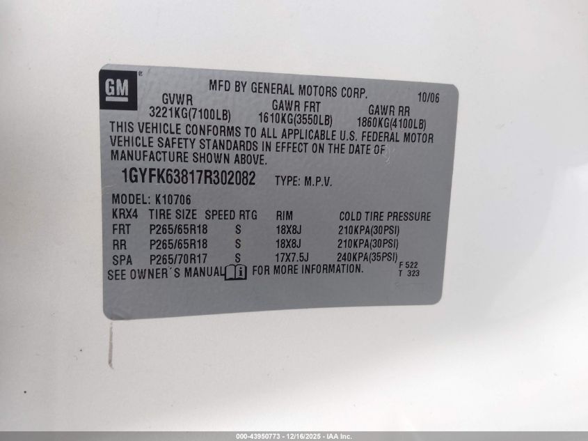 2007 Cadillac Escalade Standard VIN: 1GYFK63817R302082 Lot: 43950773