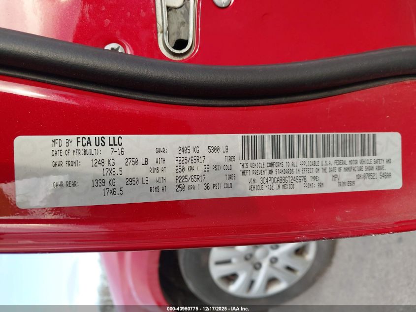 2016 Dodge Journey Se VIN: 3C4PDCAB8GT249678 Lot: 43950775