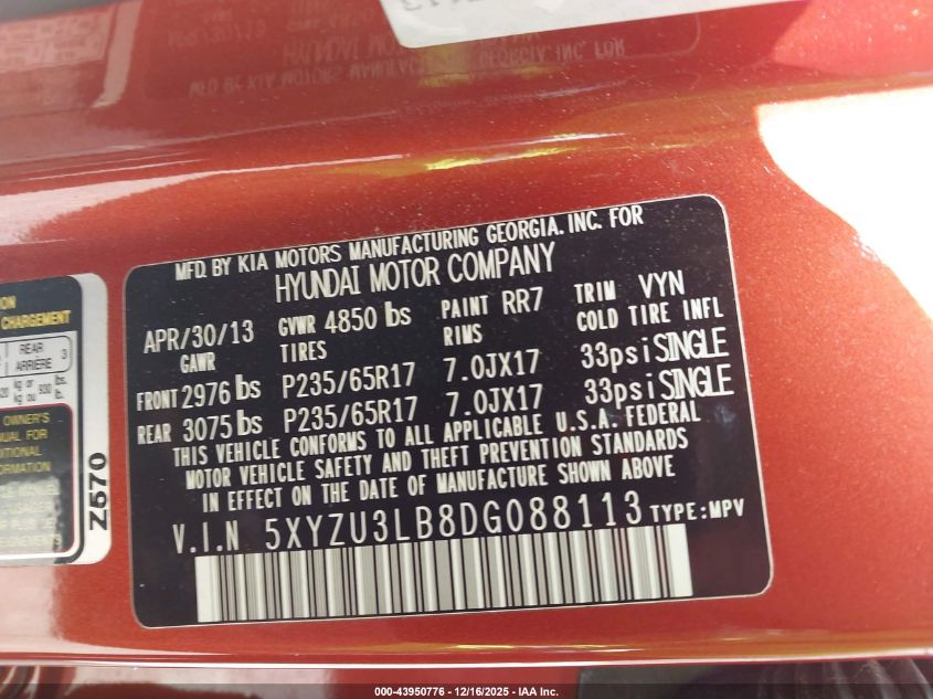 2013 Hyundai Santa Fe Sport VIN: 5XYZU3LB8DG088113 Lot: 43950776