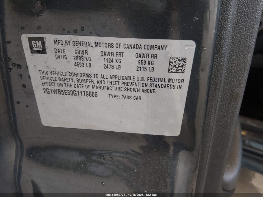 2016 Chevrolet Impala Limited Lt VIN: 2G1WB5E30G1179006 Lot: 43950777