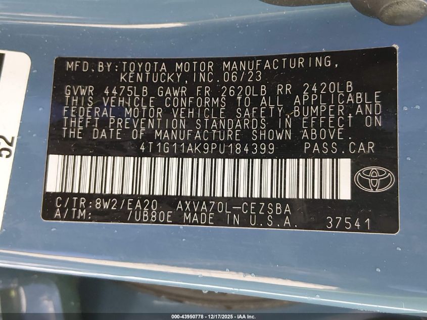 2023 Toyota Camry Se VIN: 4T1G11AK9PU184399 Lot: 43950778