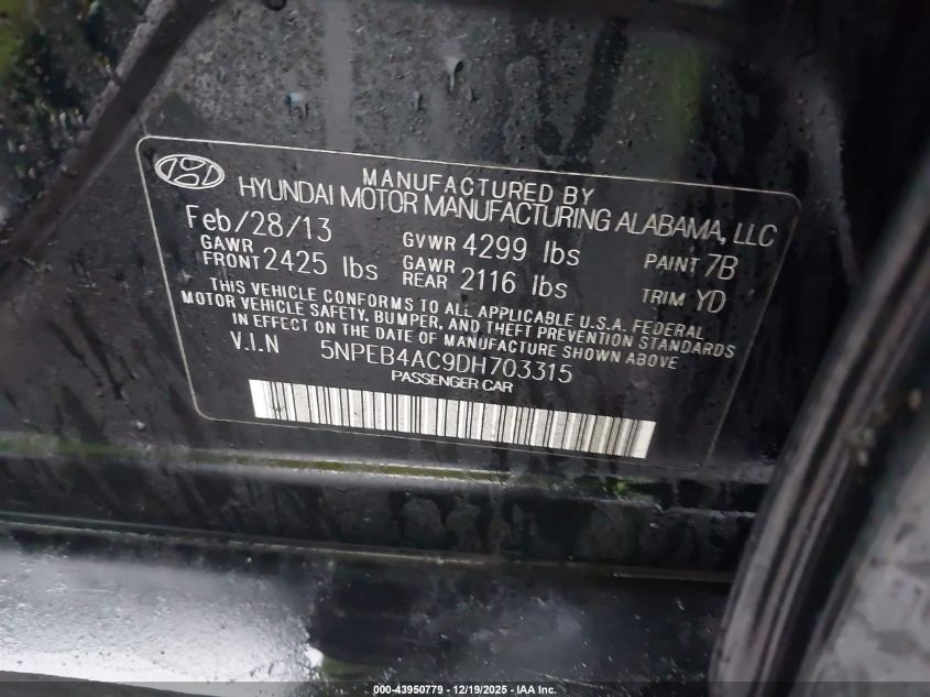 2013 Hyundai Sonata Gls VIN: 5NPEB4AC9DH703315 Lot: 43950779