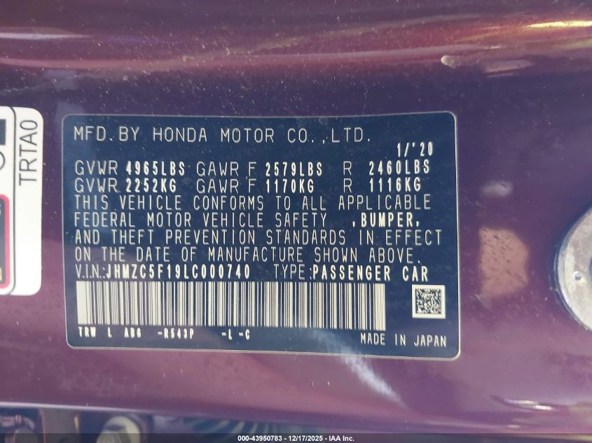 2020 Honda Clarity Plug-In Hybrid VIN: JHMZC5F19LC000740 Lot: 43950783
