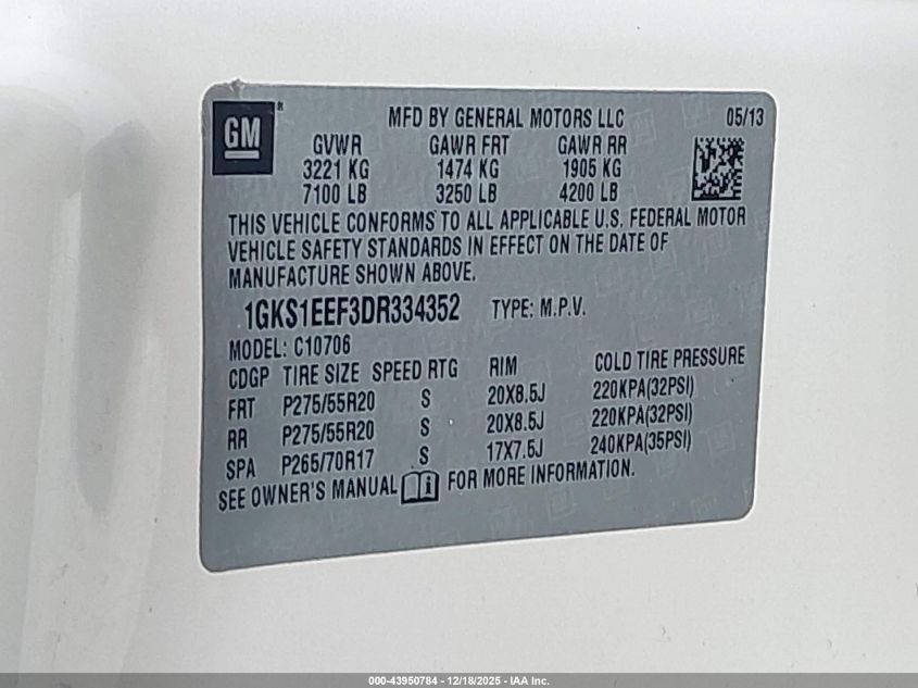 2013 GMC Yukon Denali VIN: 1GKS1EEF3DR334352 Lot: 43950784