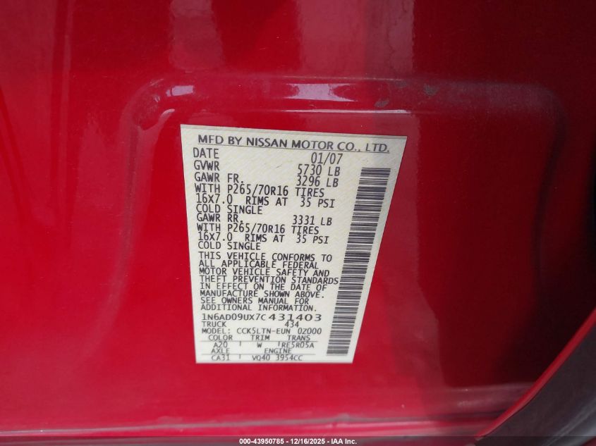 2007 Nissan Frontier Se VIN: 1N6AD09UX7C431403 Lot: 43950785