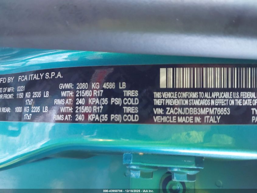 2021 Jeep Renegade Latitude 4X4 VIN: ZACNJDBB3MPM76653 Lot: 43950786