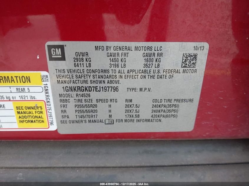 2014 Chevrolet Traverse 1Lt VIN: 1GNKRGKD7EJ197796 Lot: 43950794