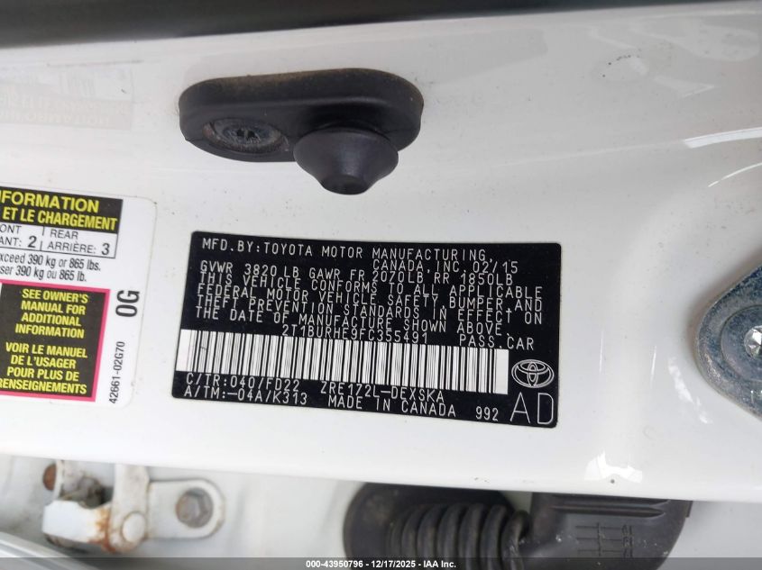 2015 Toyota Corolla S VIN: 2T1BURHE9FC355491 Lot: 43950796