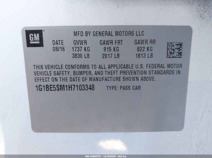 2017 Chevrolet Cruze Lt Auto VIN: 1G1BE5SM1H7103348 Lot: 43950797