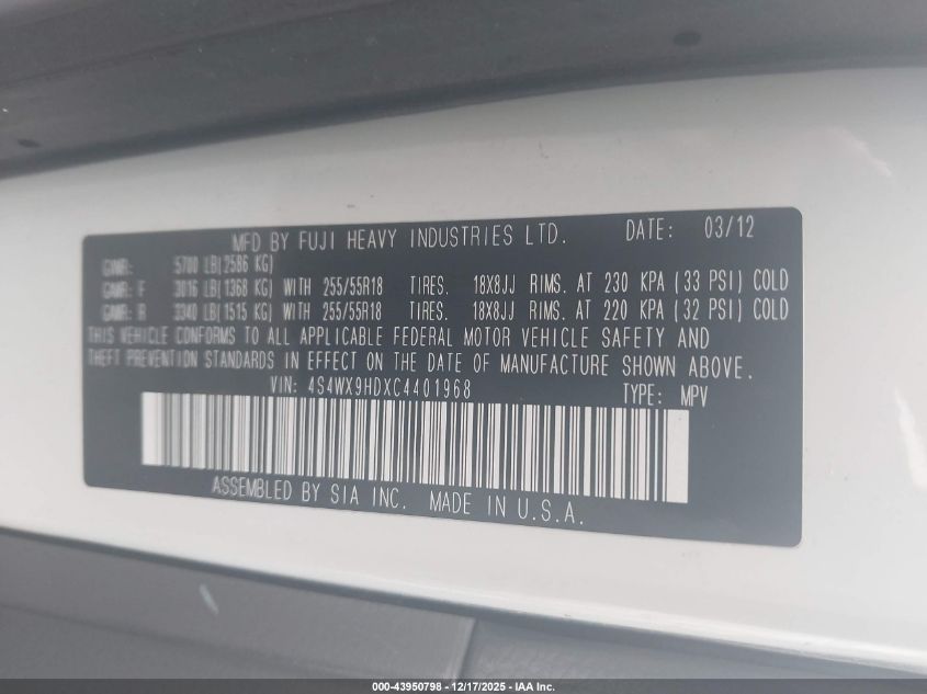 2012 Subaru Tribeca 3.6R Limited VIN: 4S4WX9HDXC4401968 Lot: 43950798