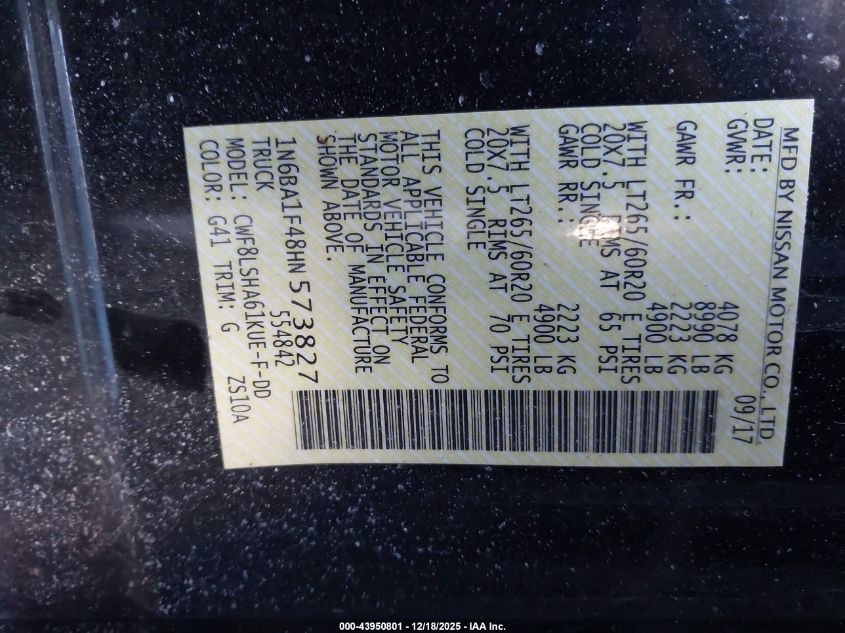 2017 Nissan Titan Xd Sv Diesel VIN: 1N6BA1F48HN573827 Lot: 43950801