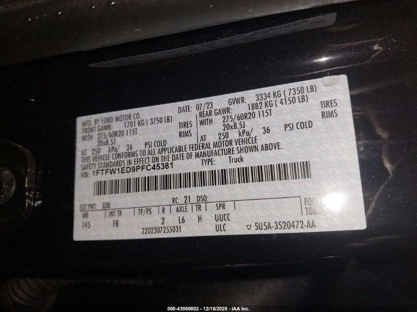 2023 Ford F-150 Xlt VIN: 1FTFW1ED9PFC45381 Lot: 43950802