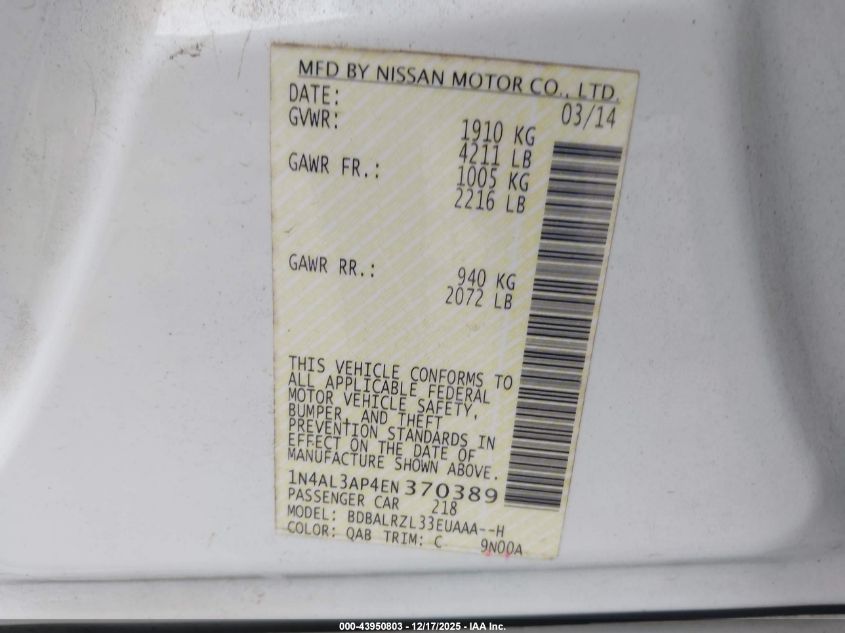 2014 Nissan Altima 2.5 S VIN: 1N4AL3AP4EN370389 Lot: 43950803