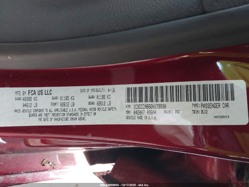 2016 Chrysler 200 Limited Platinum VIN: 1C3CCCAB6GN179930 Lot: 43950804