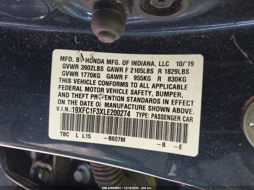 2020 Honda Civic Ex VIN: 19XFC1F3XLE200274 Lot: 43950807