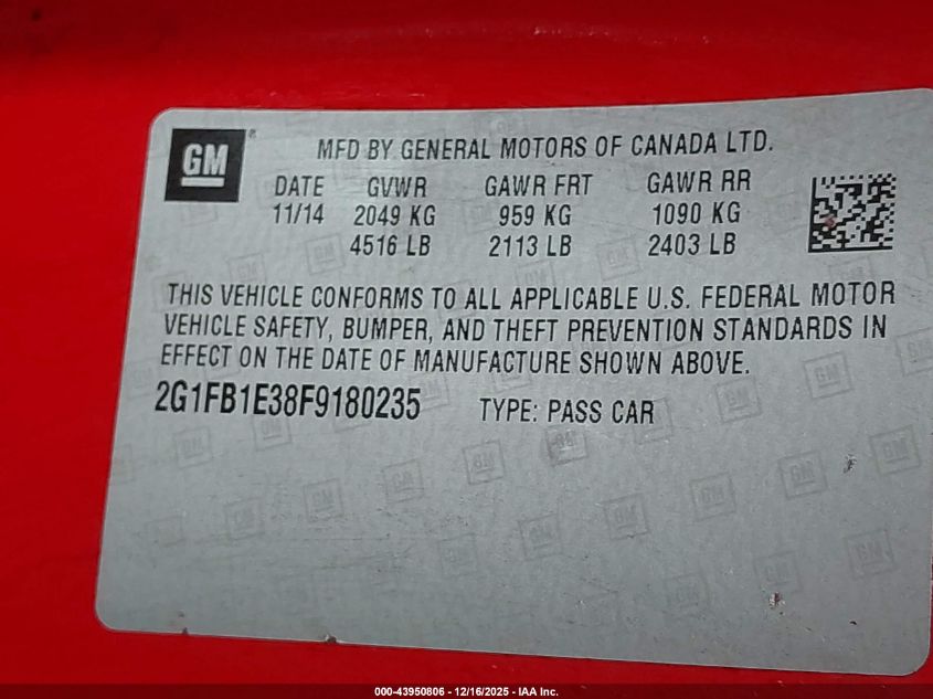 2015 Chevrolet Camaro 2Ls VIN: 2G1FB1E38F9180235 Lot: 43950806