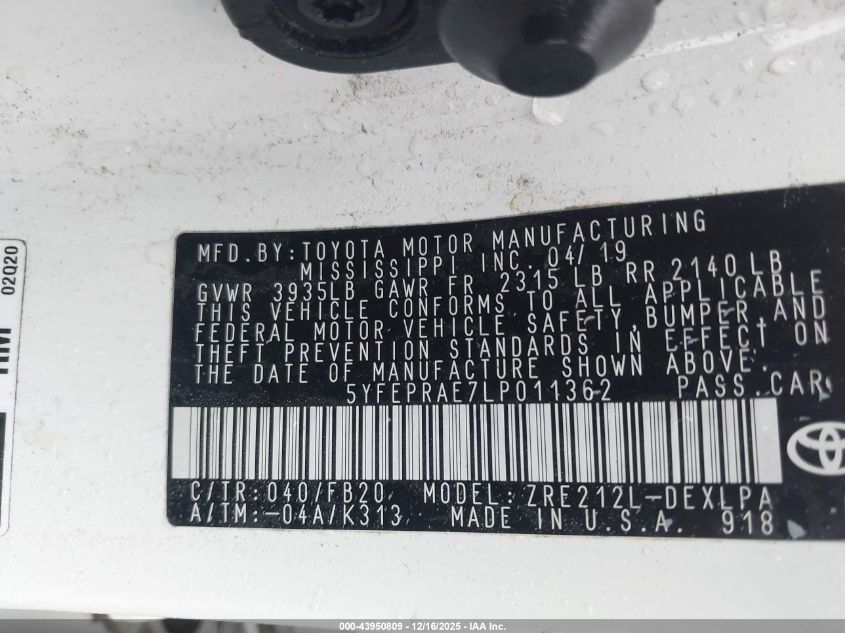 2020 Toyota Corolla Le VIN: 5YFEPRAE7LP011362 Lot: 43950809