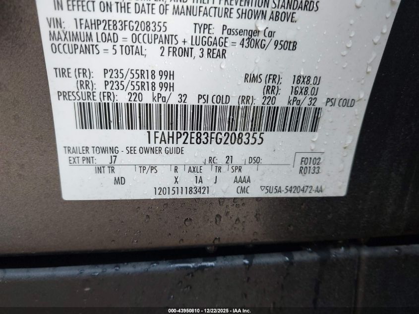 2015 Ford Taurus Sel VIN: 1FAHP2E83FG208355 Lot: 43950810