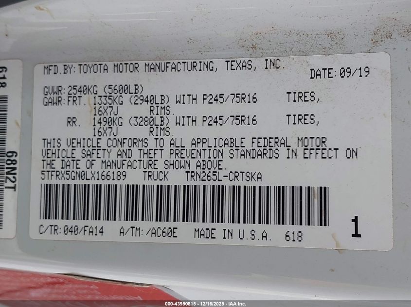 2020 Toyota Tacoma Sr VIN: 5TFRX5GN0LX166189 Lot: 43950815