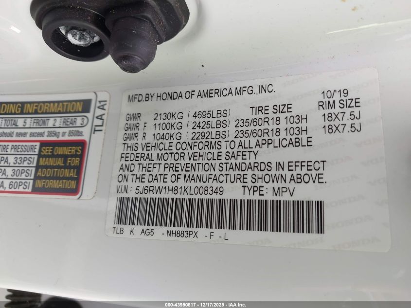 2019 Honda Cr-V Ex-L VIN: 5J6RW1H81KL008349 Lot: 43950817
