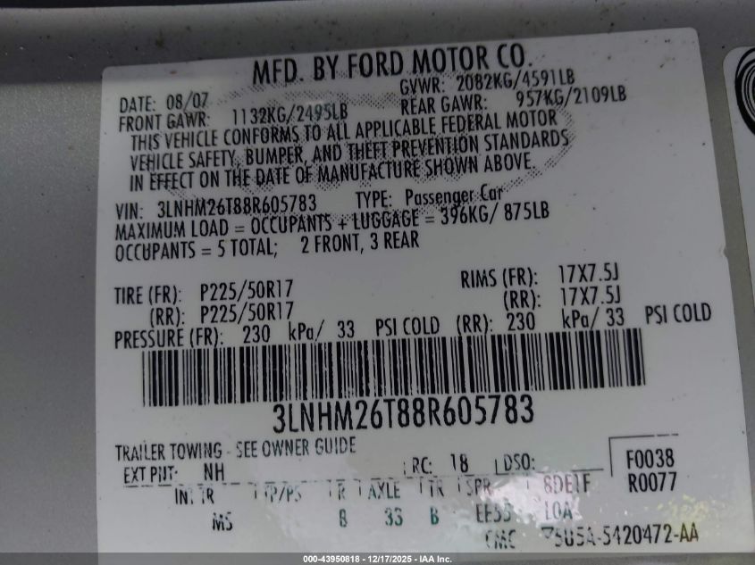 2008 Lincoln Mkz VIN: 3LNHM26T88R605783 Lot: 43950818